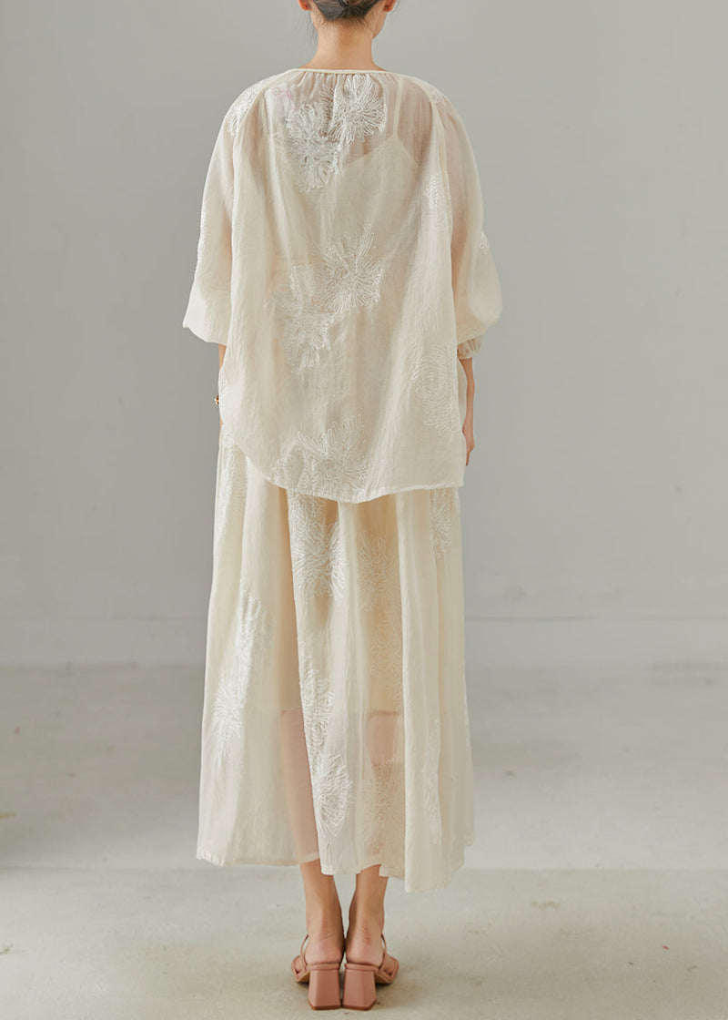 Beige Embroidered Chinese Button Silk Two Pieces Set Spring