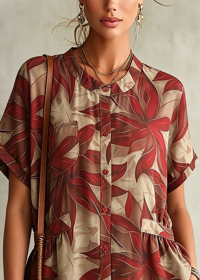 Loose Red O-neck Print Shirt Chiffon Short Sleeve