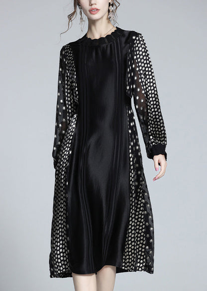 Jacquard Black O-neck Patchwork Dot Party Long Dress Long Sleeve
