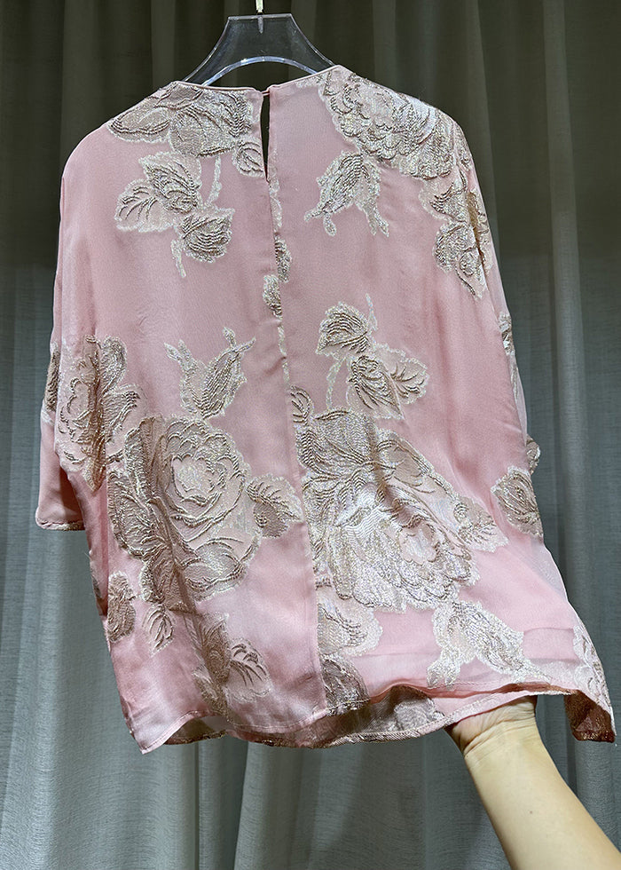 Pink O-neck Embroideried Button Silk Shirts Bracelet Sleeve