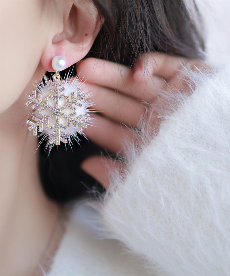 Gold Sterling Silver Mink Velvet Snowflake Drop Earrings
