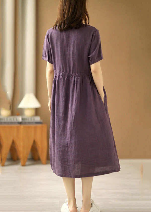 Purple V Neck Wrinkled Tie Waist Linen Long Dresses Short Sleeve