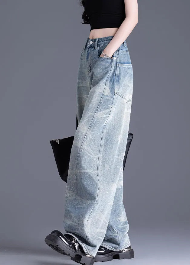 New Blue Pockets Tie Dye Patchwork Denim Pants Spring