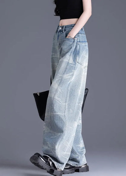 New Blue Pockets Tie Dye Patchwork Denim Pants Spring