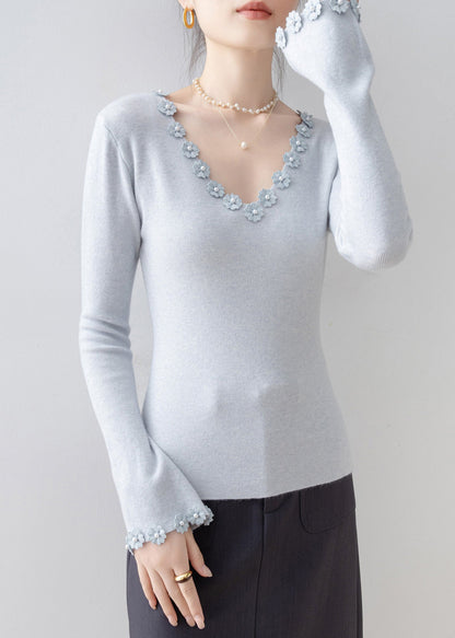 Italian Light Blue V Neck Knit Sweater Flare Sleeve