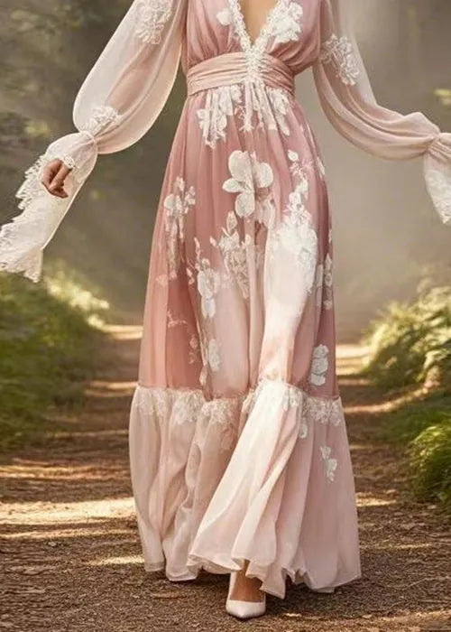 Natural Pink Print Lace Patchwork Chiffon Maxi Dresses Flare Sleeve Spring