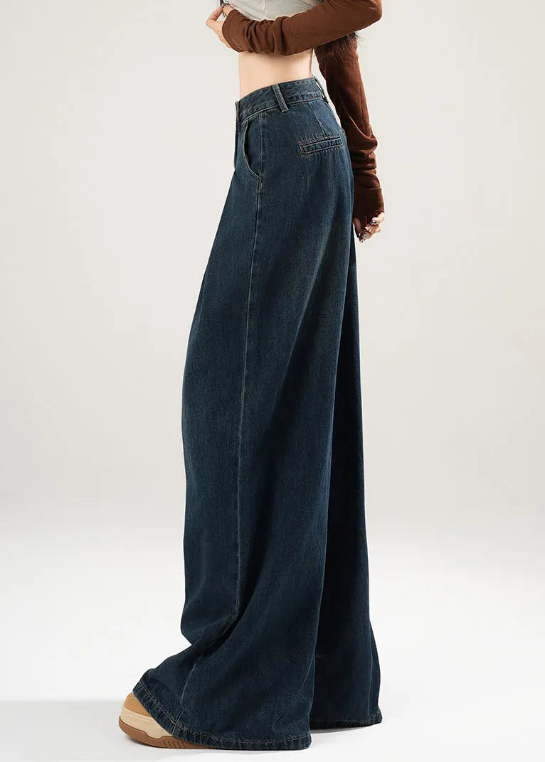 Simple Blue Wrinkled High Waist Denim Wide Leg Pants Spring
