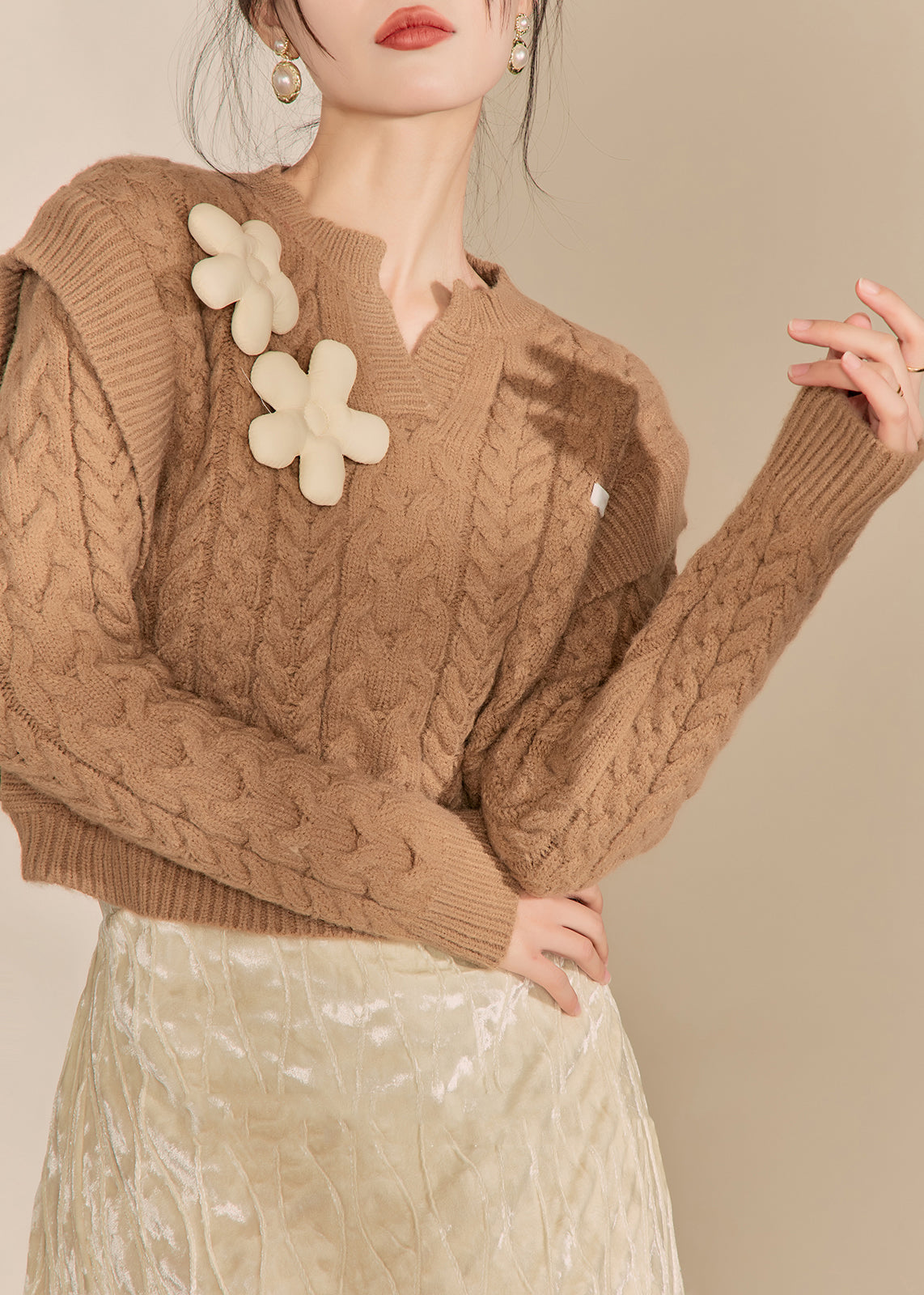 Handmade Brown V Neck Thick Cable Cotton Knit Sweaters Winter