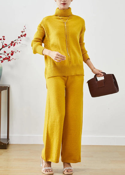 Yellow Turtle Neck Warm Knit Two Pieces Set Fall