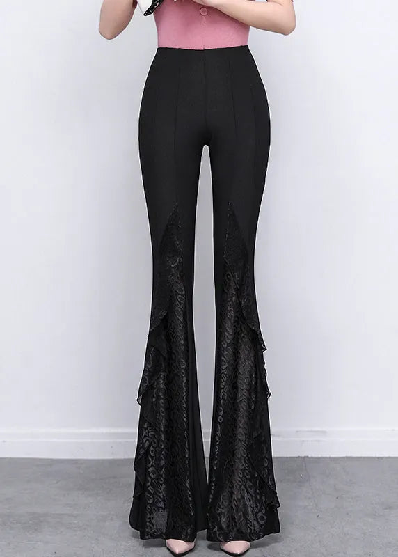 Italian Black Patchwork Lace Tummy Control Spandex Flared Trousers Spring