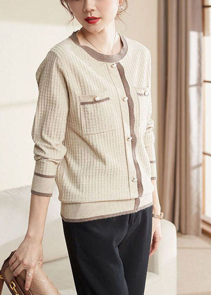 Beige Pockers Knit Sweater Tops O-neck Button Long Sleeve