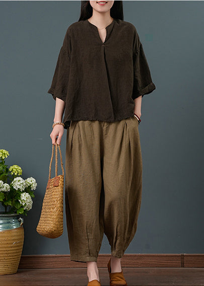 Chocolate V Neck Linen Two Pieces Set Summer