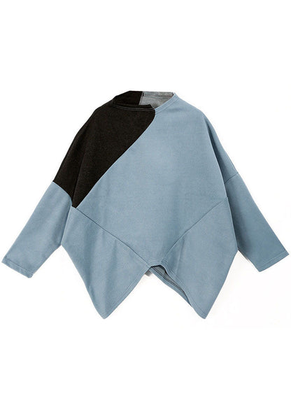 Blue Turtle Neck Patchwork Tops Spring