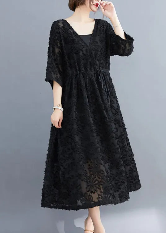 Black V Neck Embroideried Dress Two Pieces Set Half Sleeve