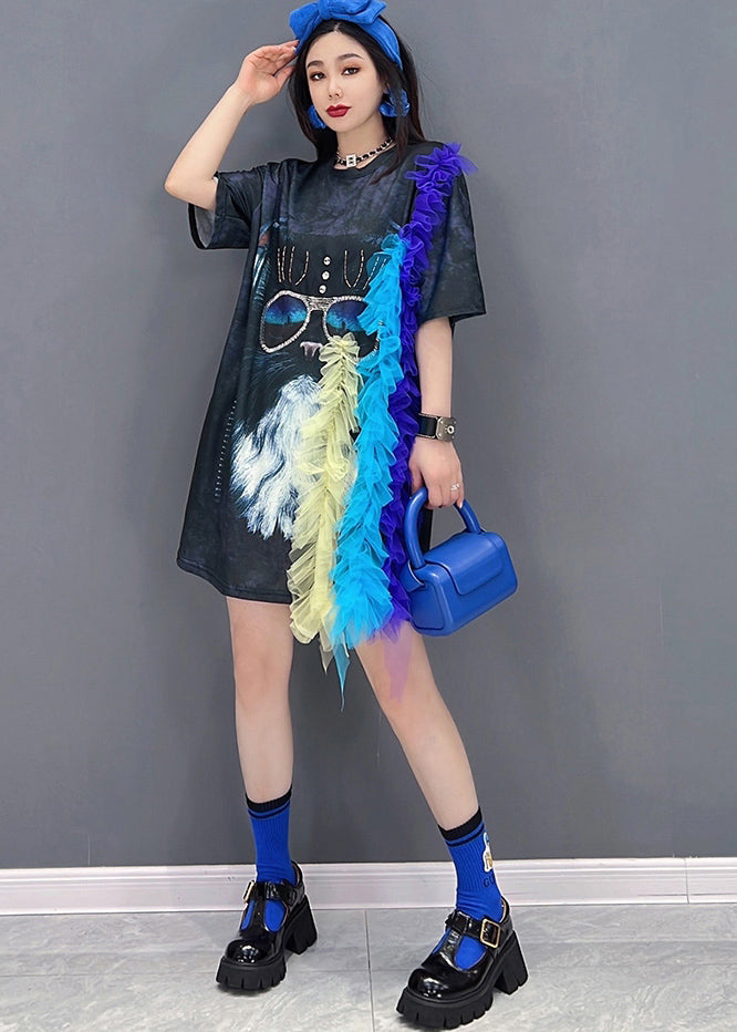 Black Asymmetrical Design Tulle Patchwork Print Dress Short Sleeve