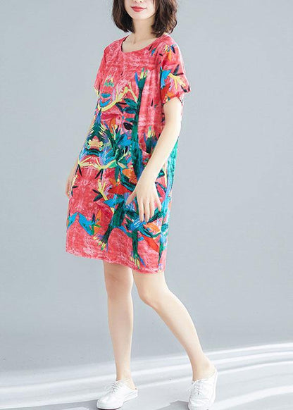 Green Print O-neck Pockets Summer Short Sleeve Party Dresses