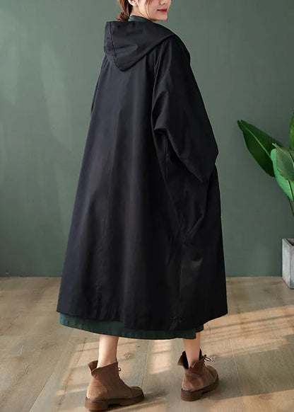 Handmade Black Button Pockets Loose Fall Long Sleeve Hoodie Coat
