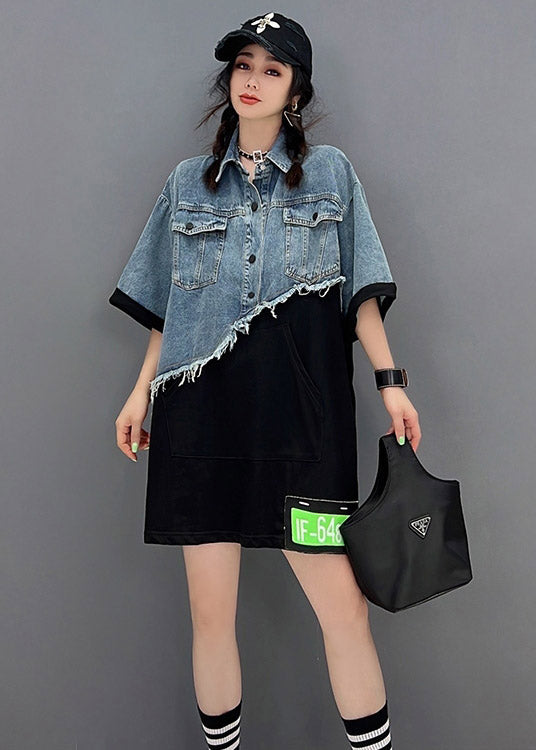 Classy Blue Asymmetrical Denim Patchwork Tulle Button Pockets Mid Dresses Short Sleeve
