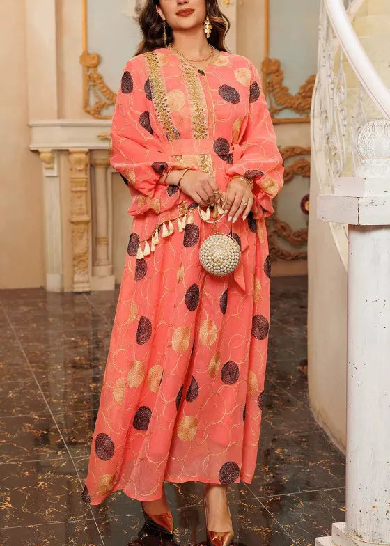 Orange Sequins Tasseled Patchwork Maxi Dresses Fall