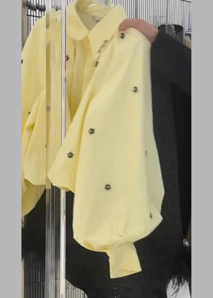 Loose Yellow Peter Pan Collar Cotton Shirt Puff Sleeve Spring