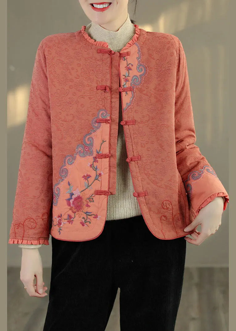 Green Ruffled Embroideried Fine Cotton Filled Coats Spring