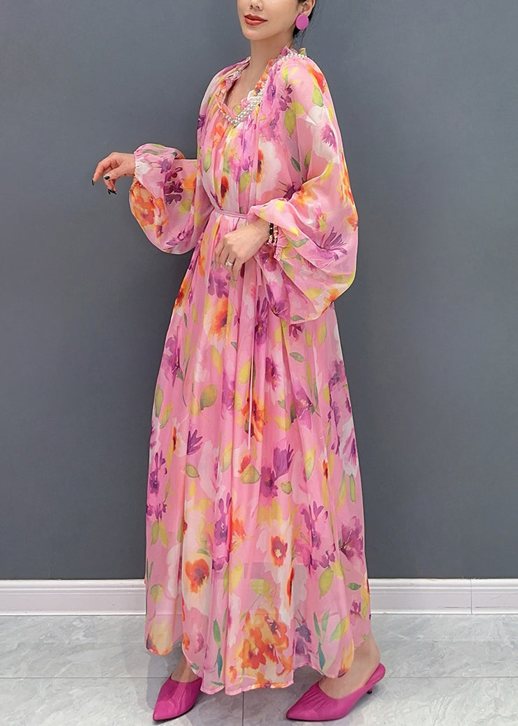 Pink Ruffled Nail Bead Print Chiffon Dresses Long Sleeve