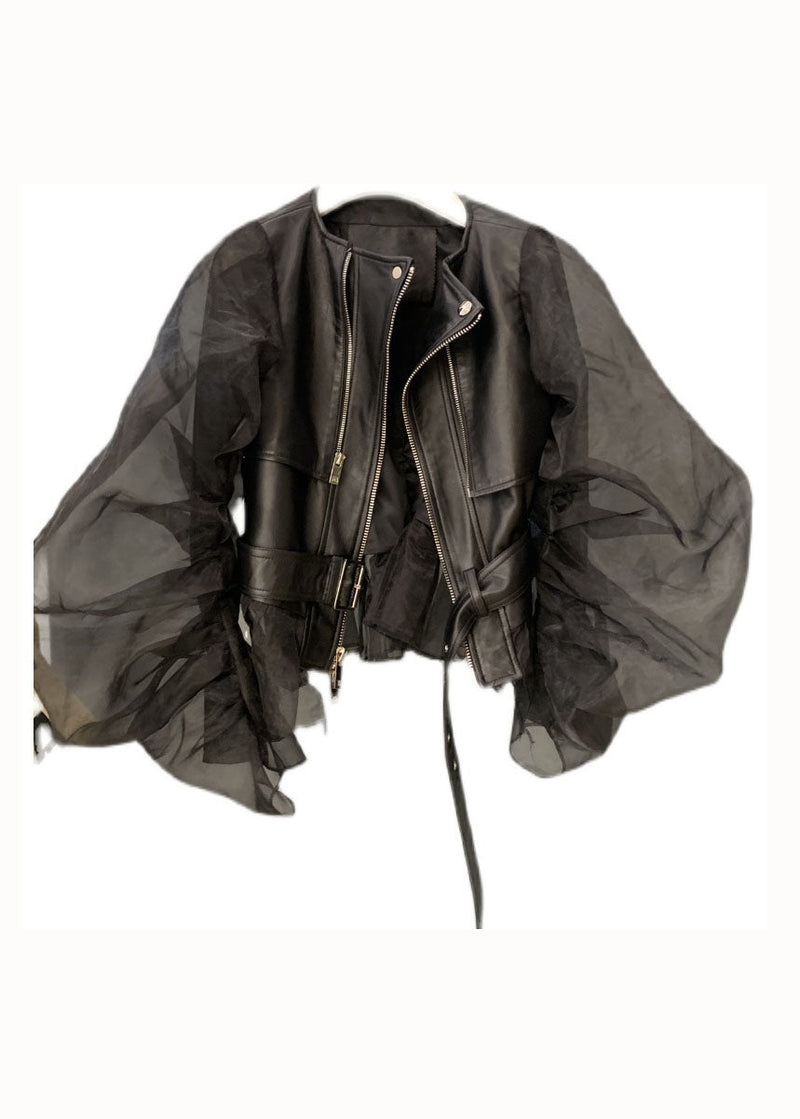 Black Tulle Puff Sleeve Zippered Patchwork Faux Leather Jackets