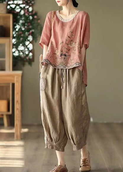 New Retro Pink Oversized Print Linen Two Piece Set Summer