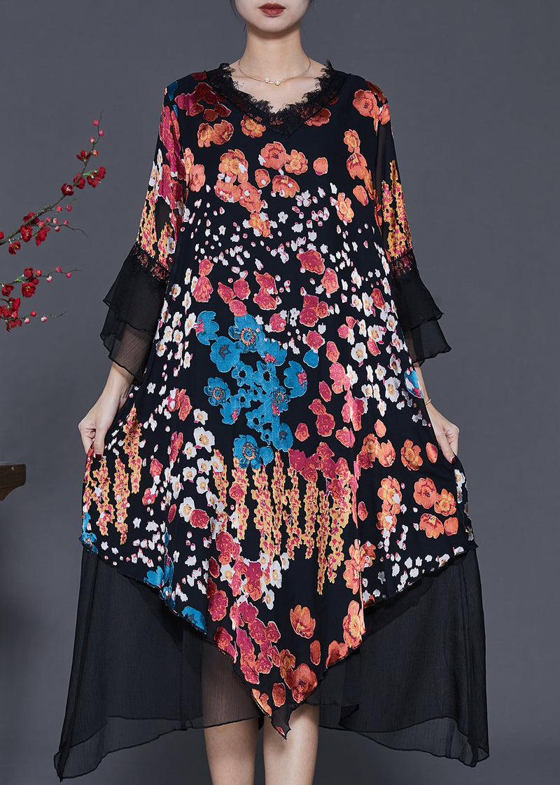 Black Asymmetrical Print Silk Dresses Flare Sleeve
