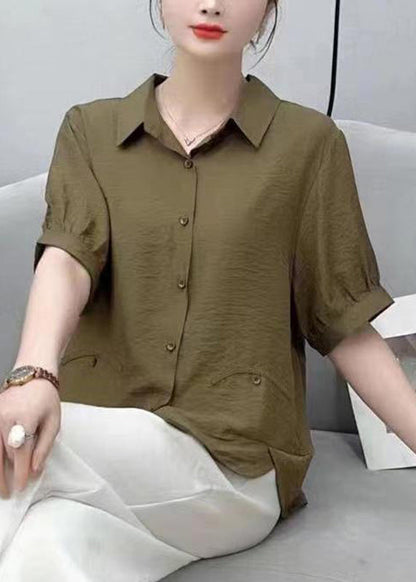 Red Peter Pan Collar Low High Design Silk Shirt Short Sleeve