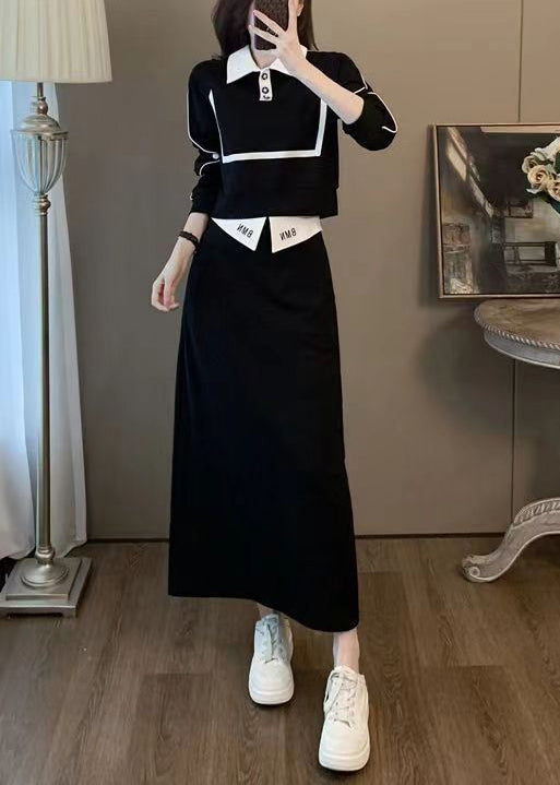 Black Peter Pan Collar High Waist Cotton Two Pieces Set Spring