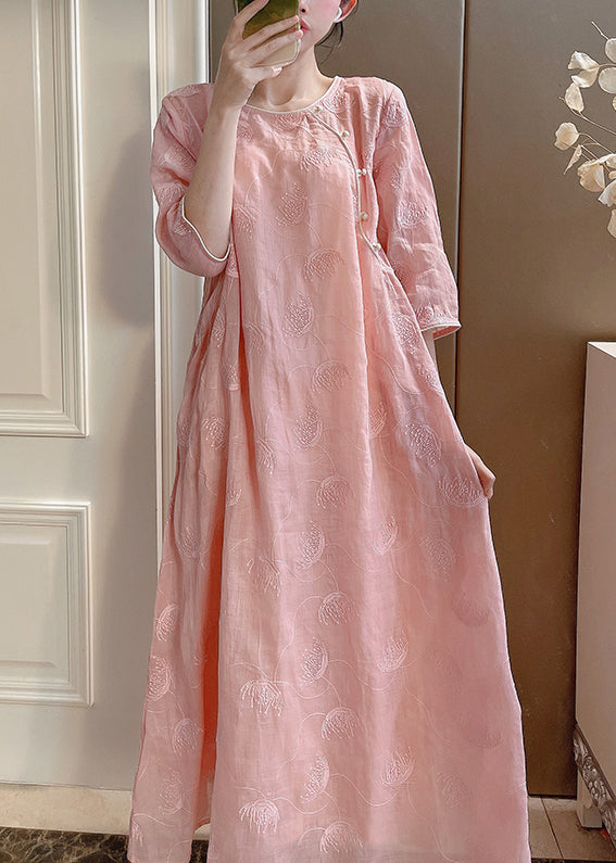 Pink Embroidered Button Linen Two-piece Set Half Sleeve