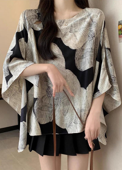 French Oversized Print Chiffon Shirt Top Batwing Sleeve
