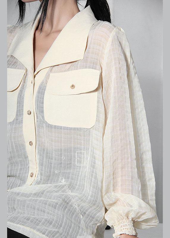 Art Beige Plaid Pockets Button Blouse Tops Summer