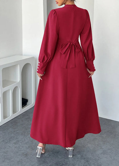 Red Hign Neck Cotton Maxi Dresses Lantern Sleeve