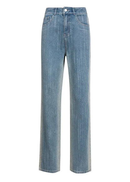 Gradient Color Blue Pockets Patchwork High Waist Straight Jeans