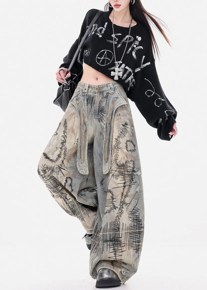 Grey Embroidered Denim Wide Leg Pants Spring