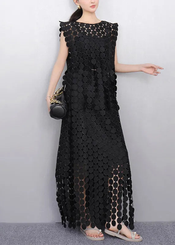 Black Dot Lace Top and Maxi Skirts Two Pieces Set Sleeveless
