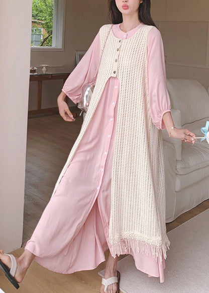 Pink Shirts Dress and Beige Smock Two Piece Set Clothing Fall