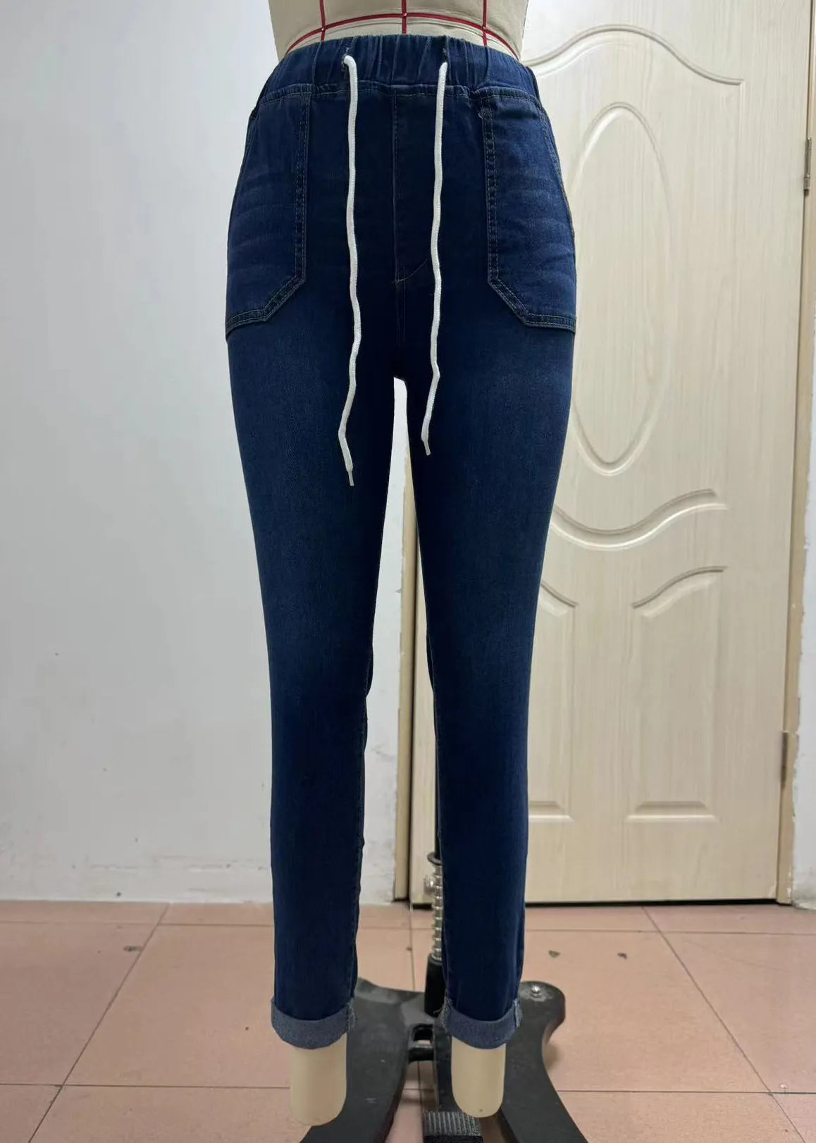Loose Navy Lace Up Elastic Waist Denim Denim Crop Pants Summer