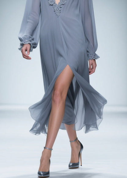 Blue Lace Side Open Chiffon Dress V Neck Butterfly Sleeve Spring