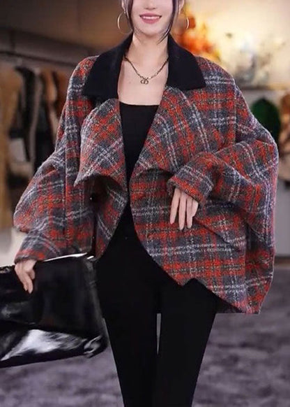 Plaid Peter Pan Collar Pockets Woolen Coats Long Sleeve