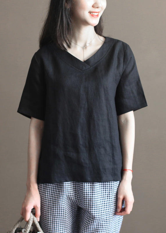 French Black V Neck Side Open Linen Tank Tops Half Sleeve