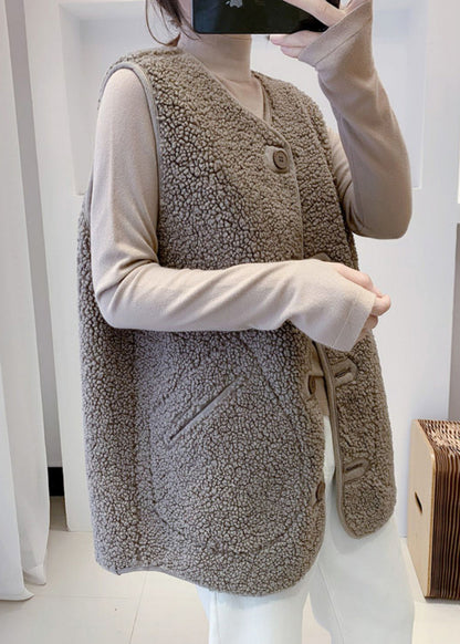 Art Charcoal Grey V Neck Button Faux Fur Waistcoat Fall