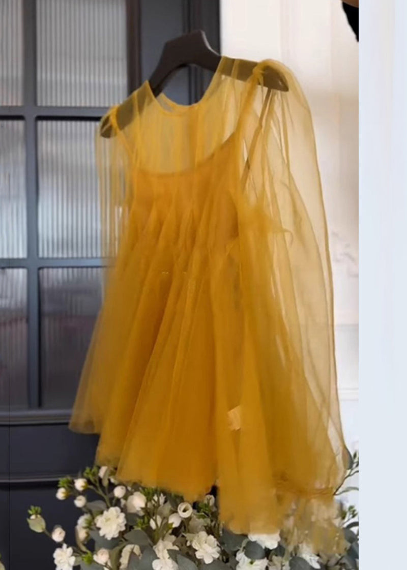 Simple Yellow O-neck Tulle Two Piece Set Fall