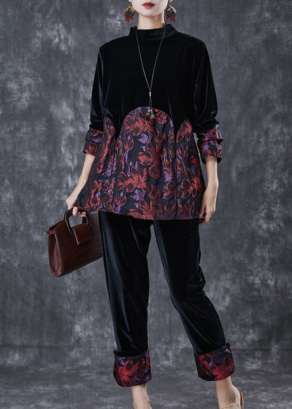 Black Oversized Patchwork Jacquard Silk Velvet Two Pieces Set Spring