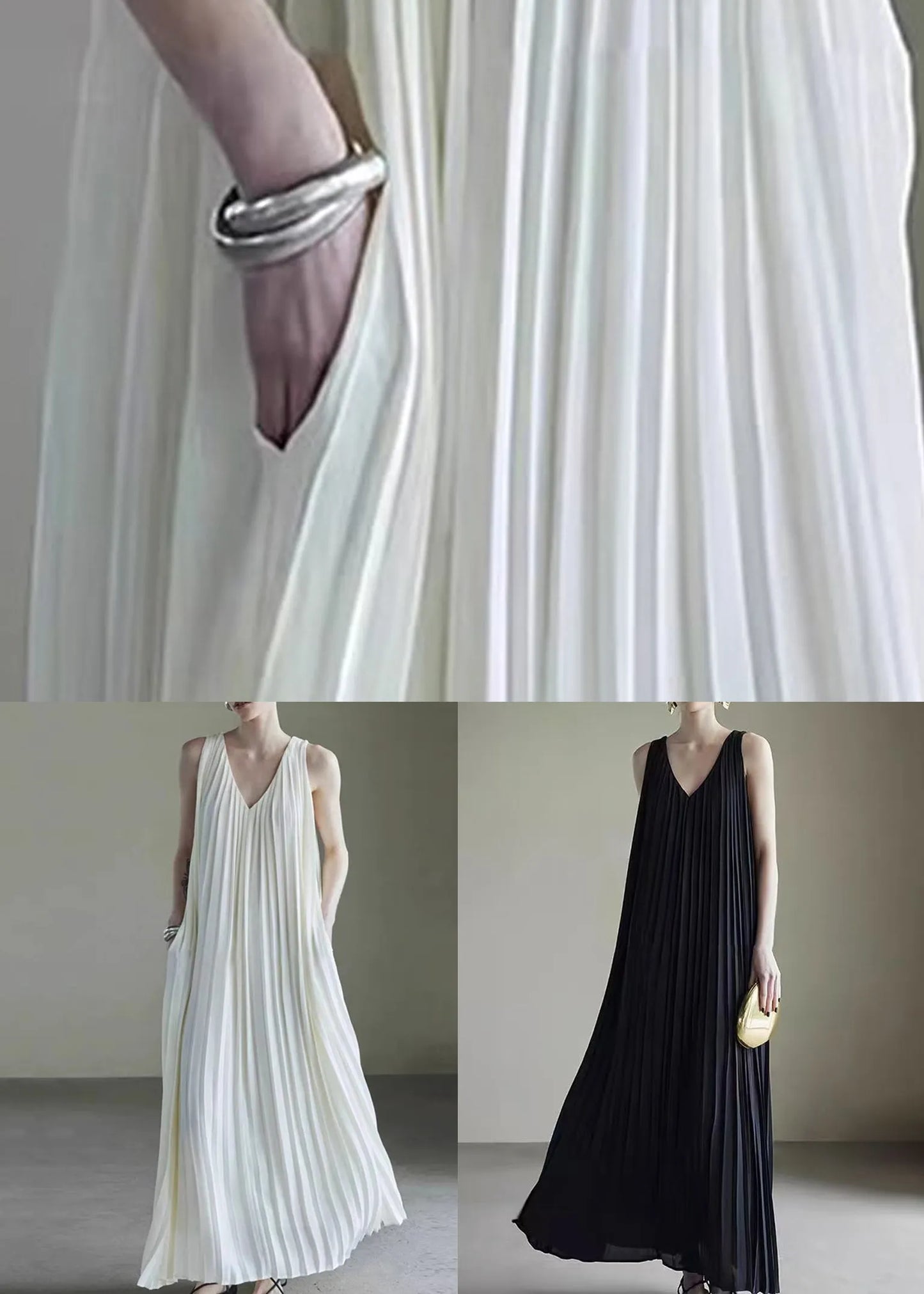 Simple White V Neck Wrinkled Chiffon Long Dress Sleeveless