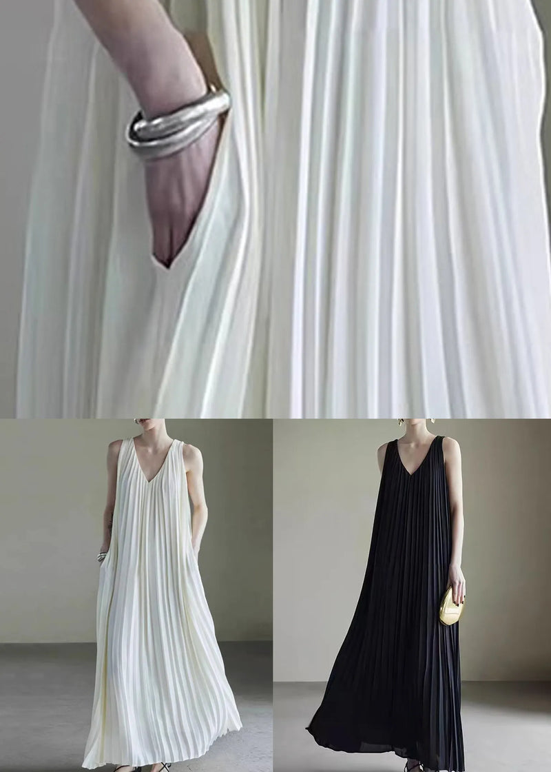 Simple White V Neck Wrinkled Chiffon Long Dress Sleeveless