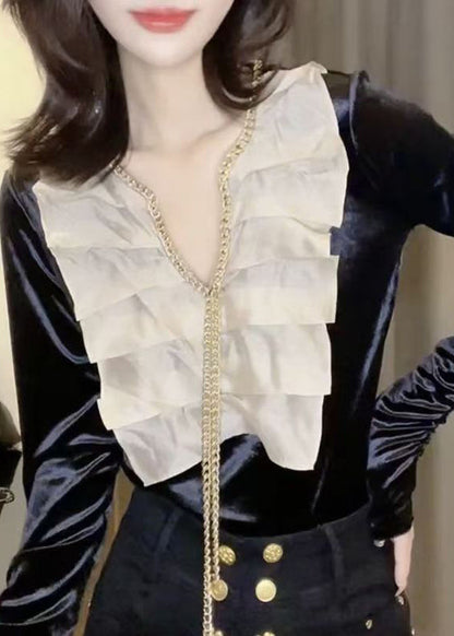 Black Chain Linked Patchwork Velour Shirts Spring