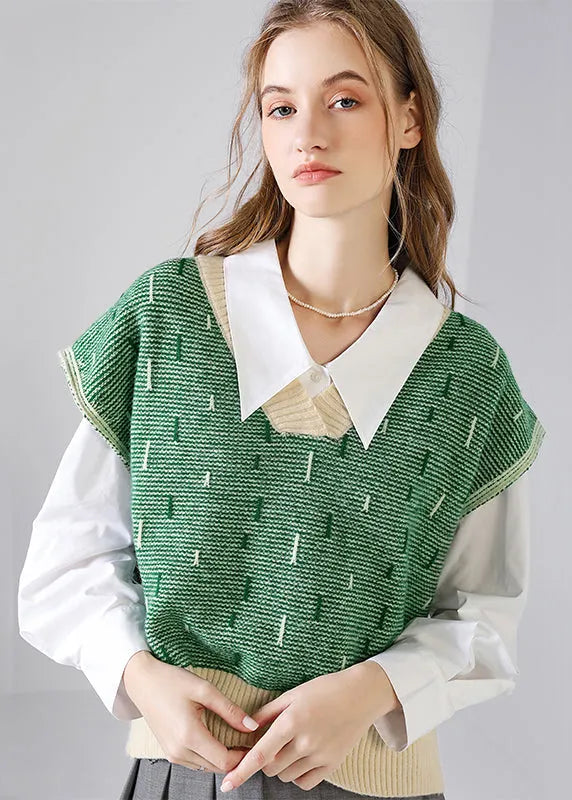 Green V Neck Patchwork Knit Tops Waistcoat Fall